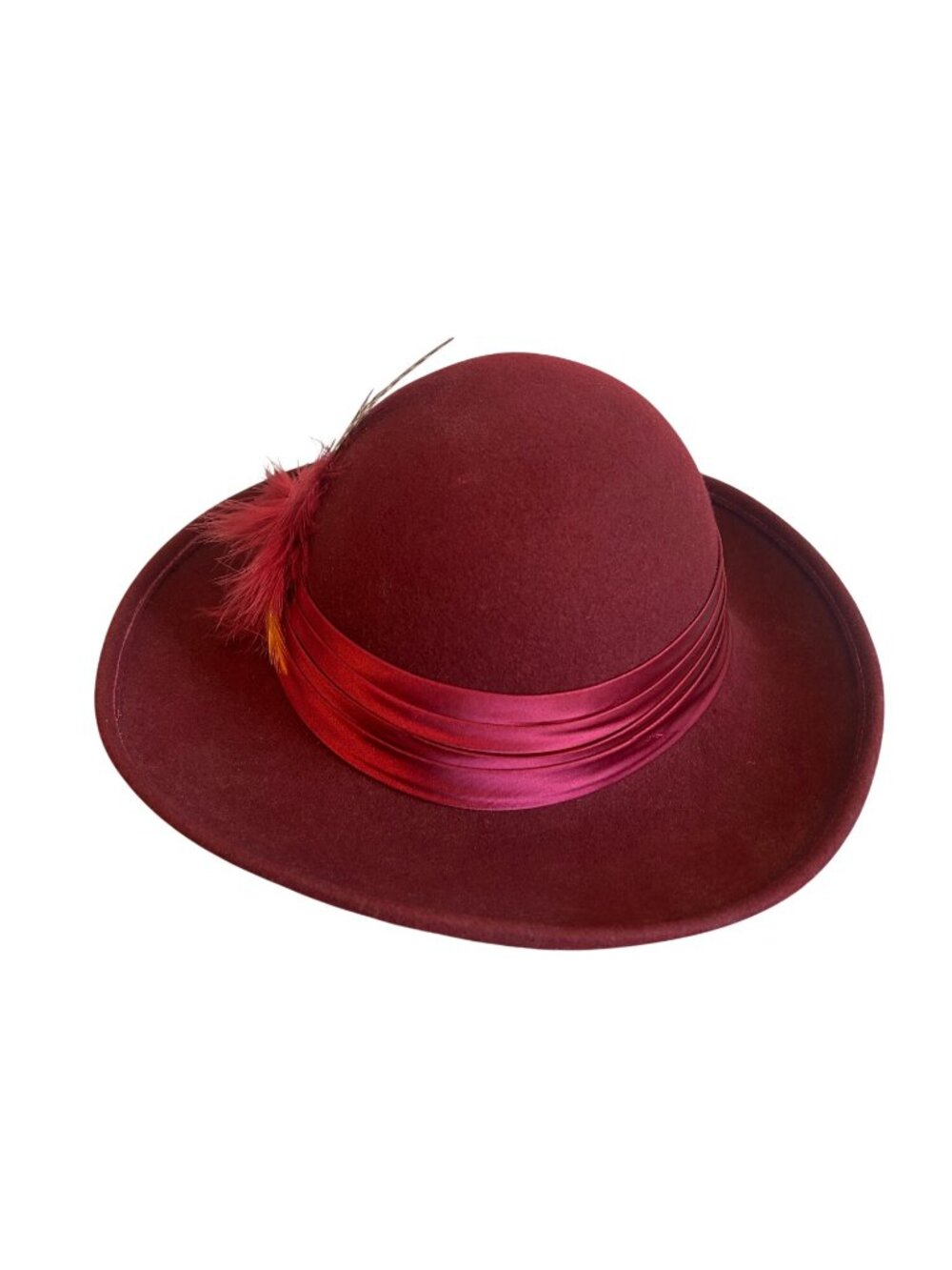 Vintage Geo W Bollman Burgundy Wool Hat With Satin Ribbon & Feather Accent - Picture 2 of 16